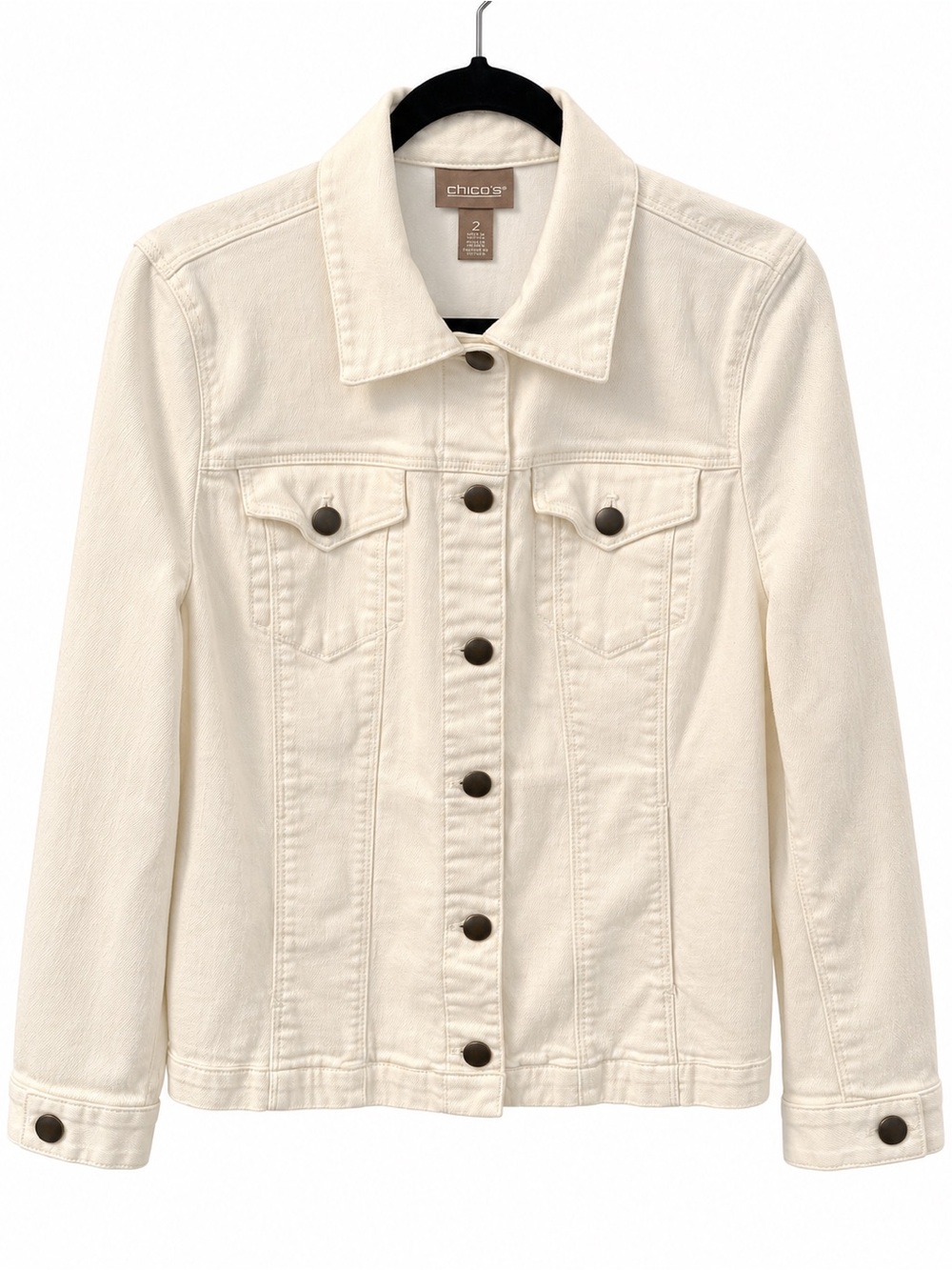 Chico’s Size 2 US L White Denim Trucker Jacket Cotton Blend Button Front - Picture 3 of 4